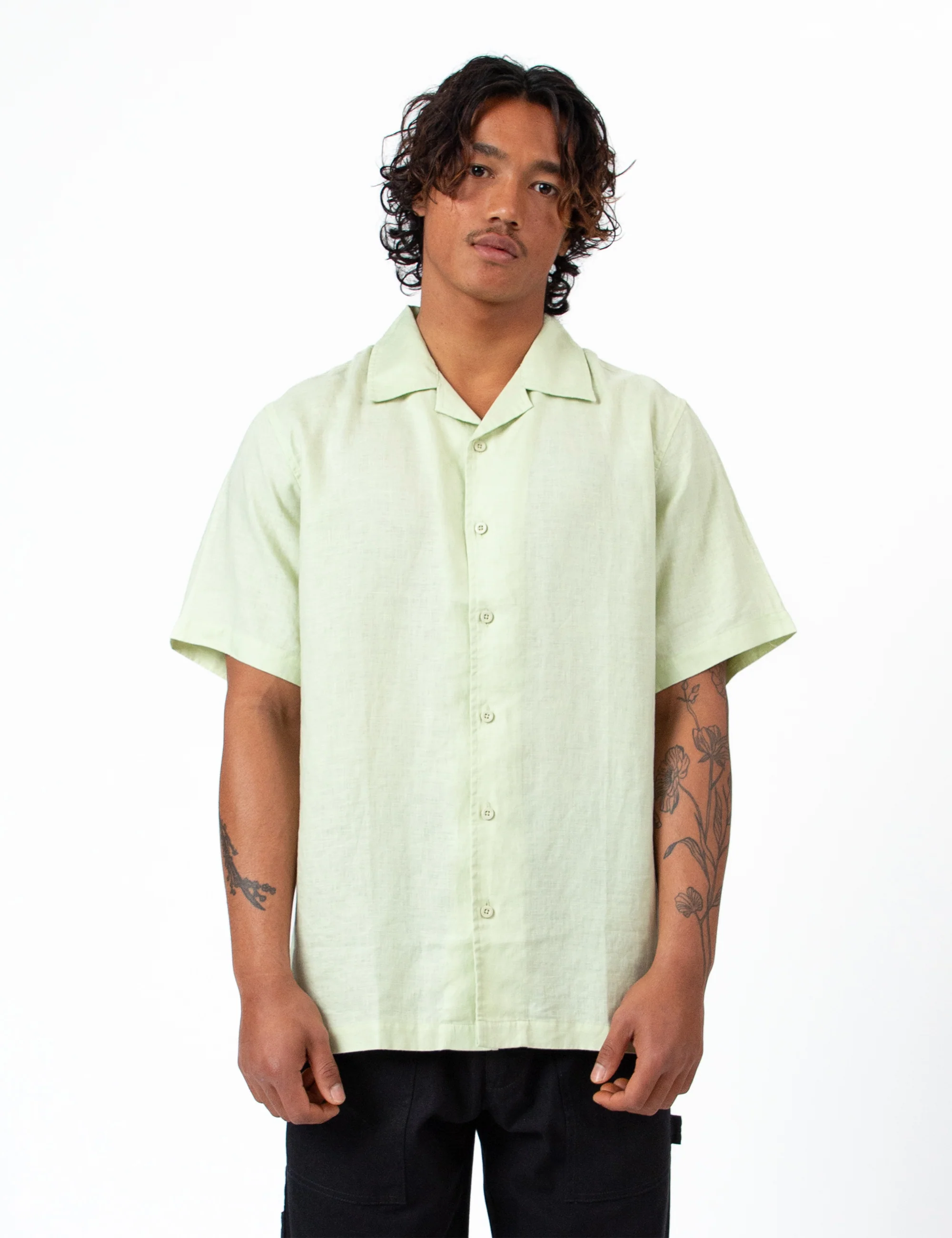 Cuban Linen Short Sleeve Shirt - Fog Green - Image 3
