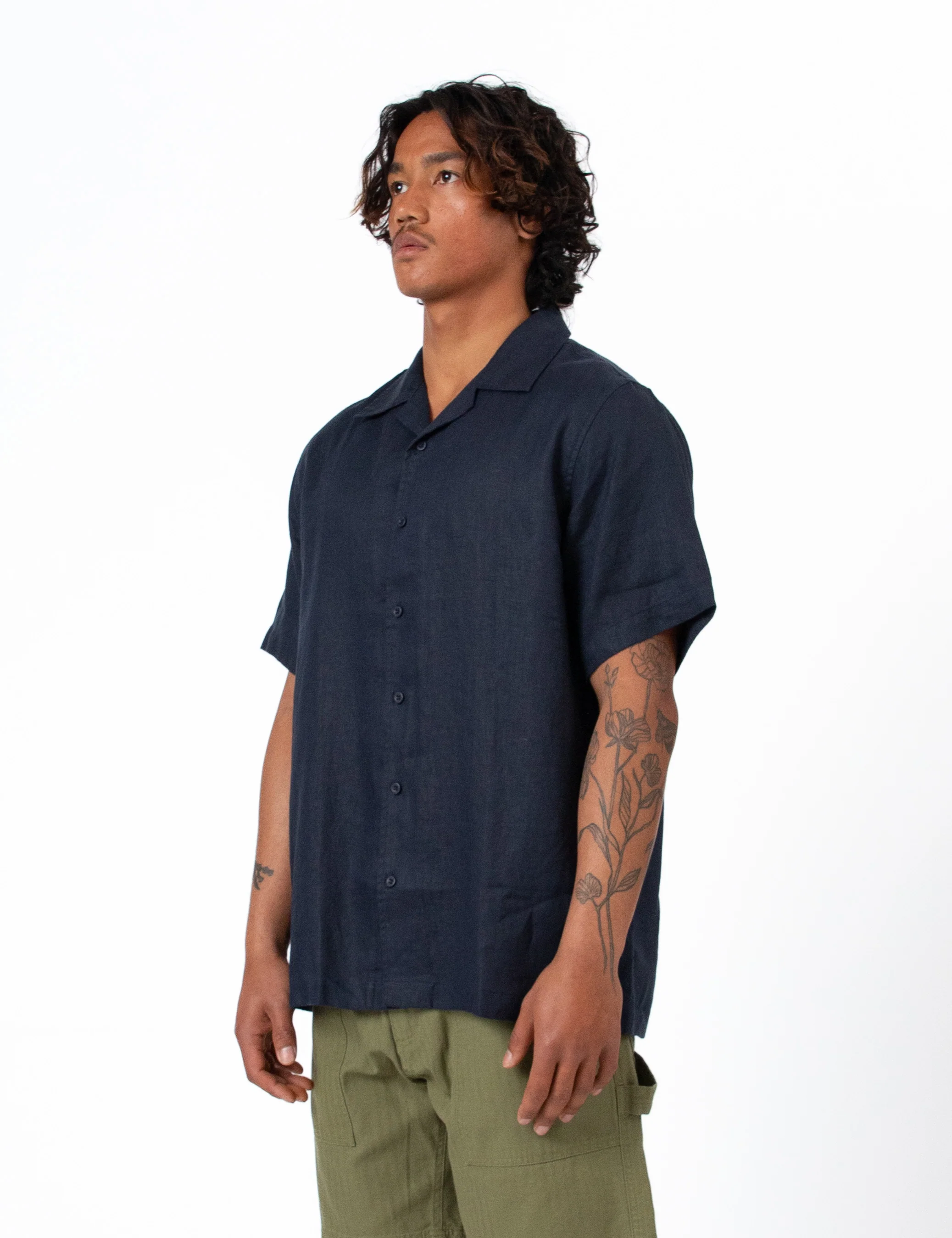 Cuban Linen Short Sleeve Shirt - Navy - Image 7