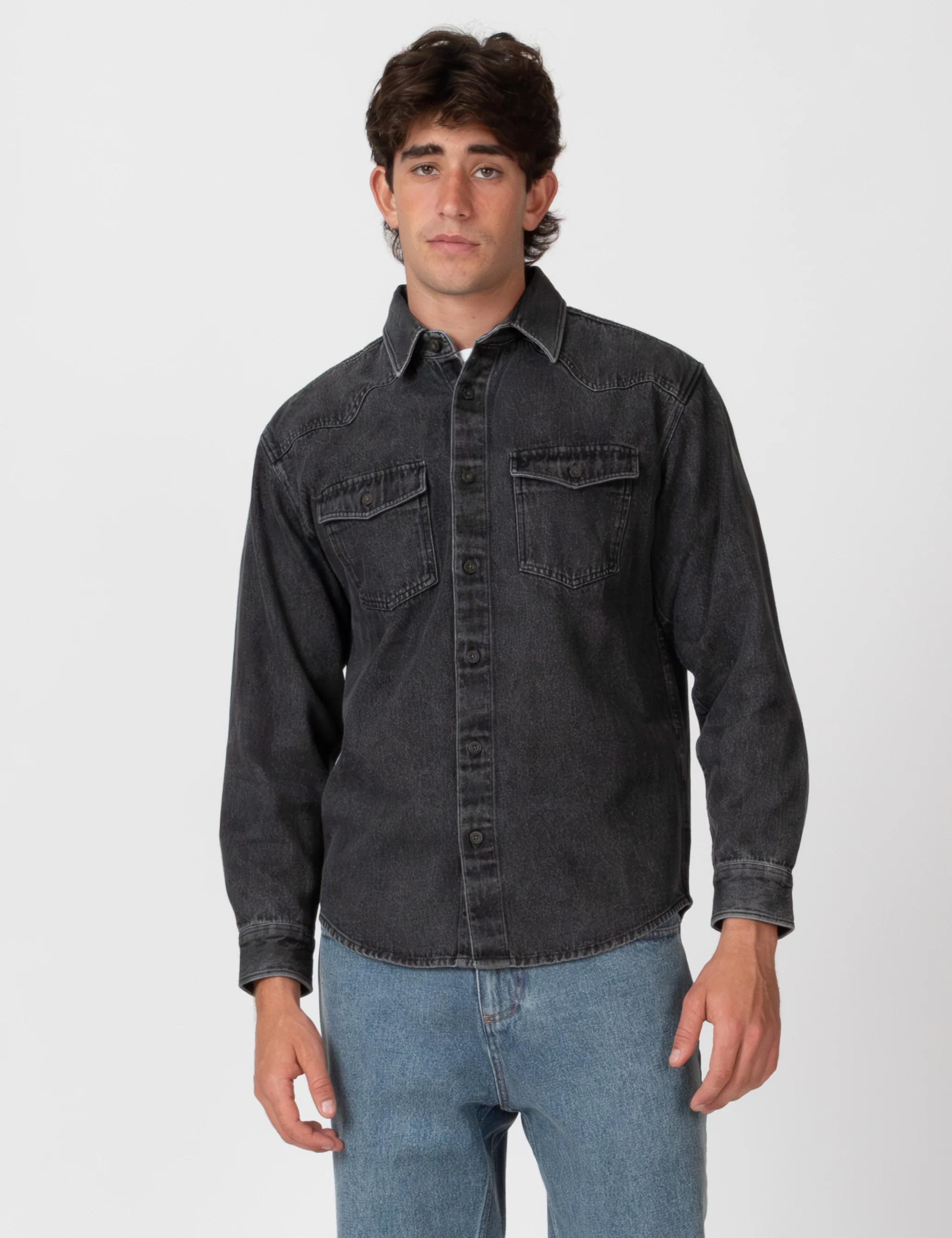 West Denim Long Sleeve Shirt - Washed Black - Image 10